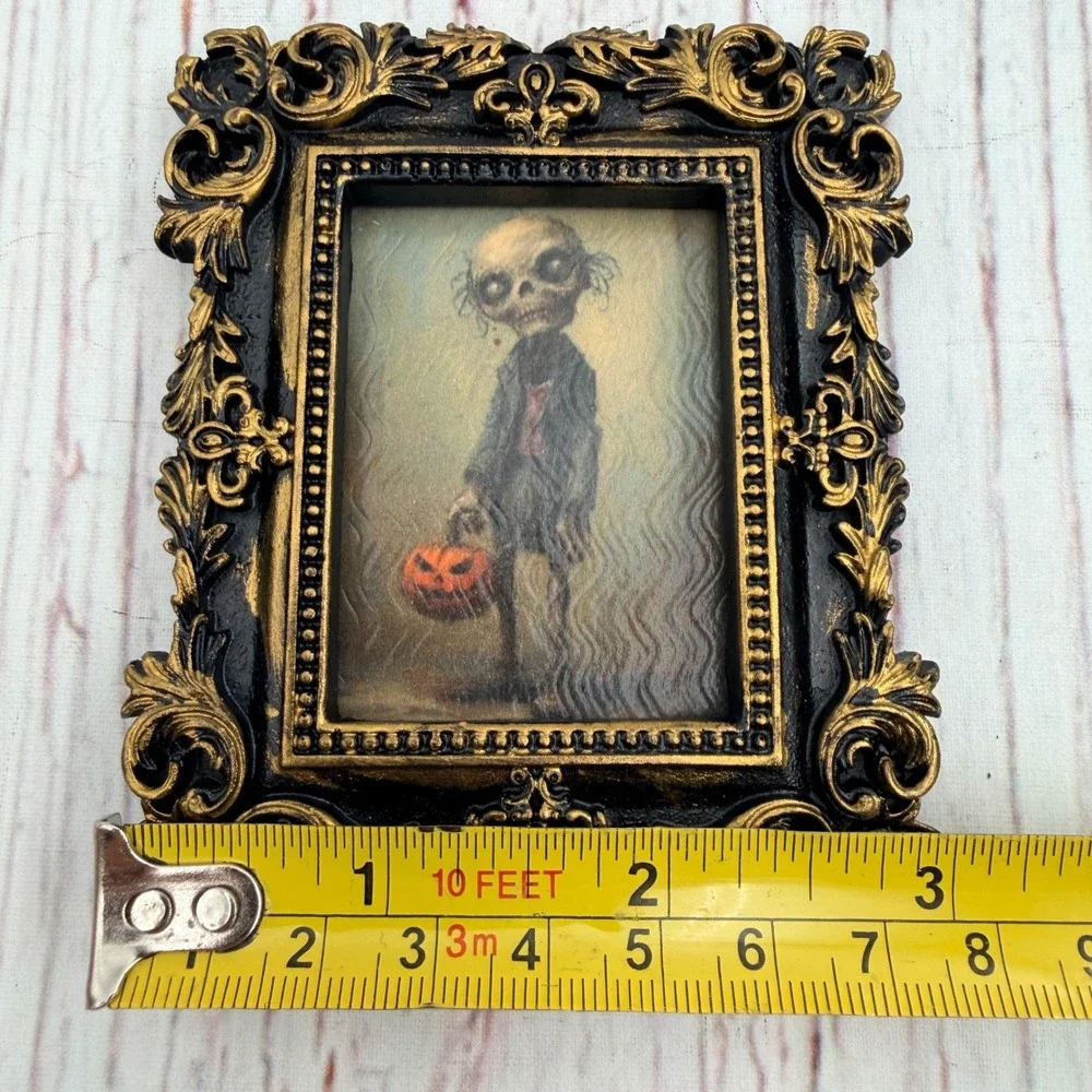 Zombie Boy Decoupage Art Halloween Decor Ornate Black Gold Resin Frame 4x3.25